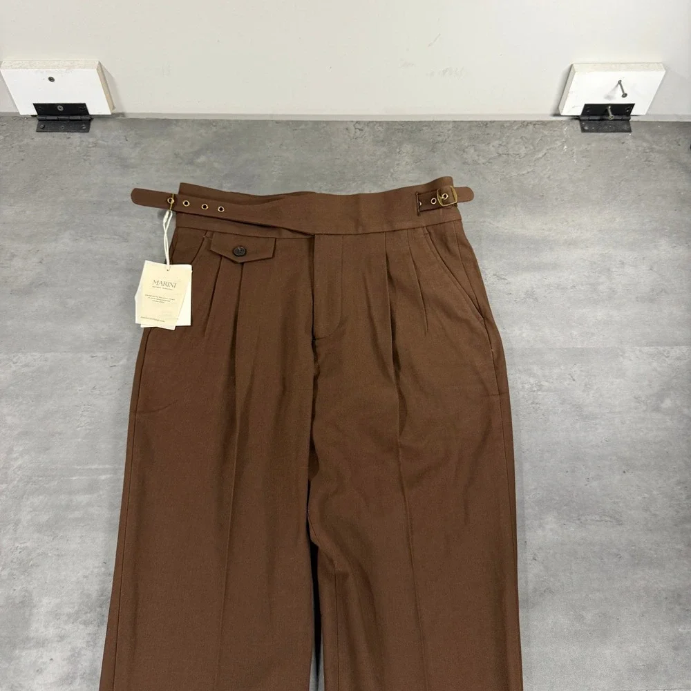 Marini Gurkha Pant Trouser Mens 30 Pleated Side Gold Buckle Brown Cuffed NEW